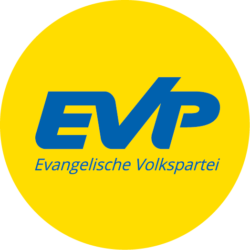 Logo der EVP: In Grossbuchstaben EVP, darunter Evangelische Volkspartei, beides kursiv und blau. Hintergrund gelb, Form rund