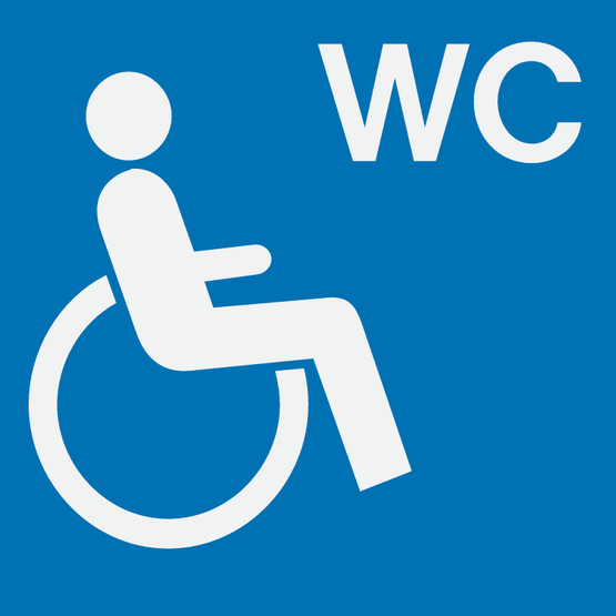 Blaues Schild zur Kennzeichnung eines Behinderten-WC's